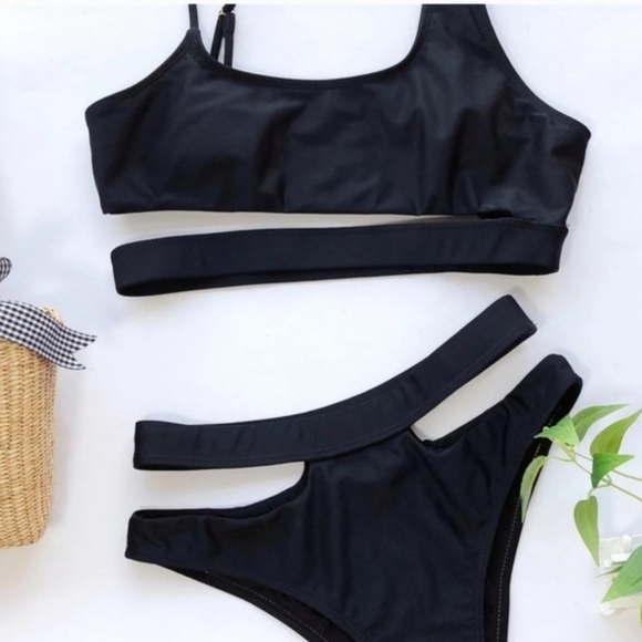 New Black Cut Out Bralette High Waist Bikini Set Swimsuit Size L - Picture 9 of 9